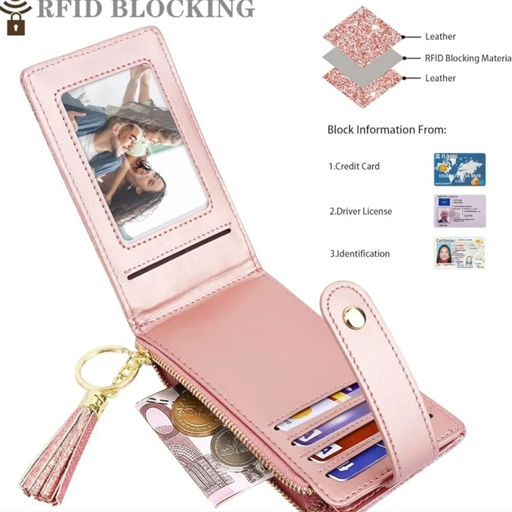 Glitter Pink Card Holder with Tassel Keychain